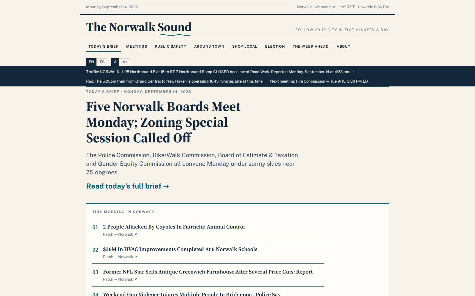 The Norwalk Sound homepage: the day’s brief under the masthead