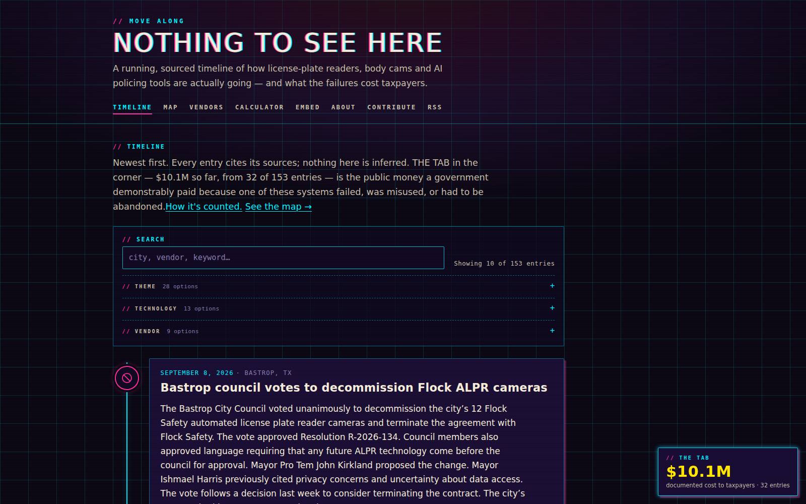 The Nothing To See Here homepage: the timeline of entries with THE TAB counter in the corner